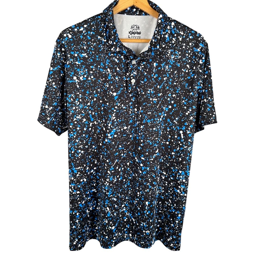 Kaipar Mens Large Performance Golf Polo Shirt Blue White Paint Splatter Black
